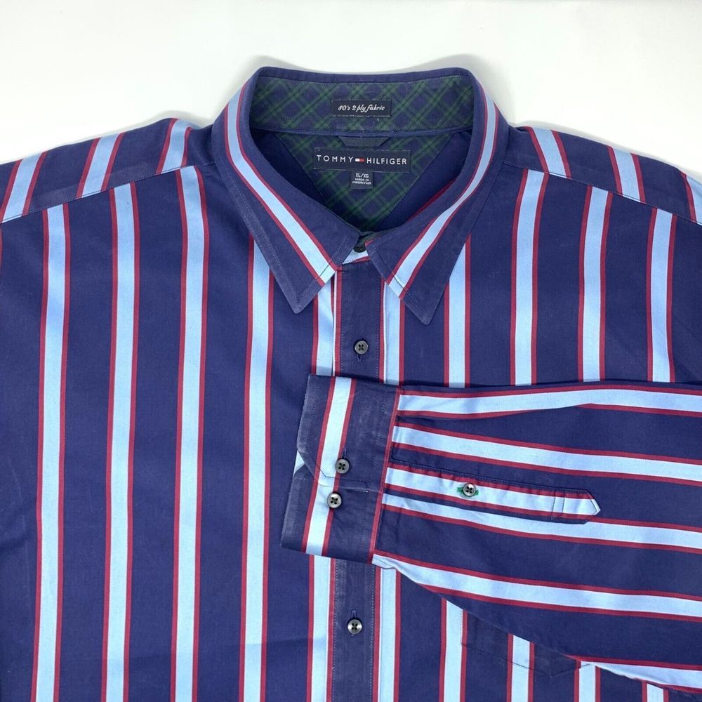 Tommy‎ Hilfiger 80's 2 Ply Cotton Fabric Blue Men's Long Sleeve Shirt Size XL
